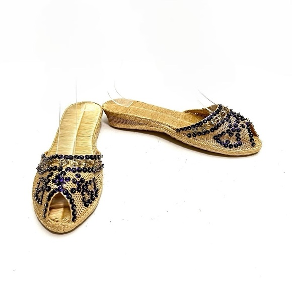 Vintage 1990s purple sequin beaded peep toe rattan wedge espadrille sandals - Picture 4 of 8